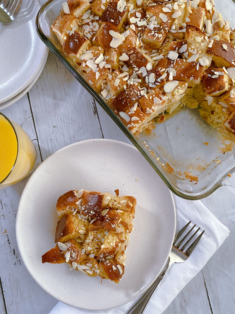 a slice of french toast bake and a casserole