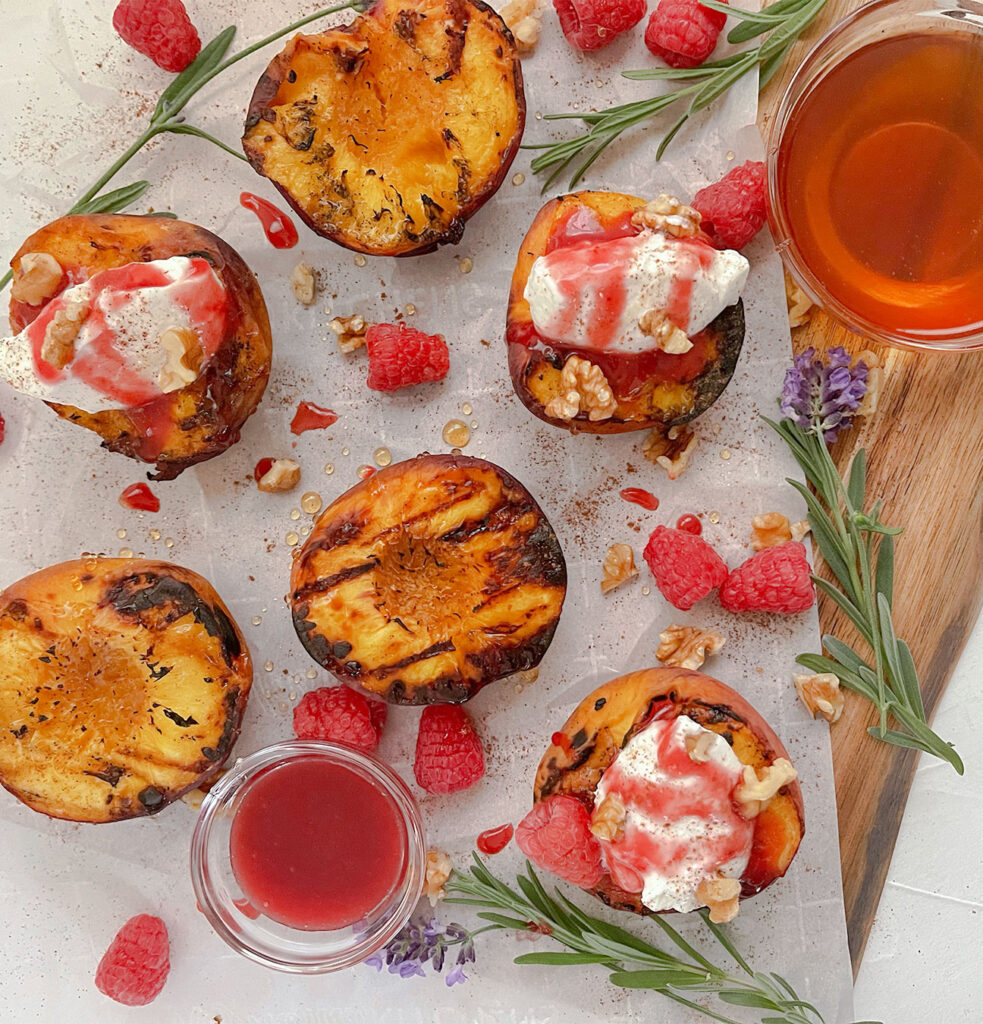 grilled peaches with honey and raspberry sauce
