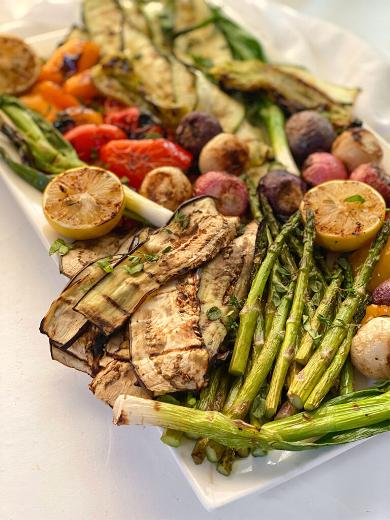 grilled eggplant, asparagus, lemons and radishes