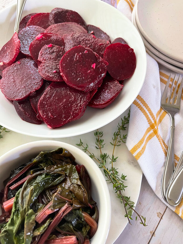 Simple Greek Beets with a delicious side of beet greens