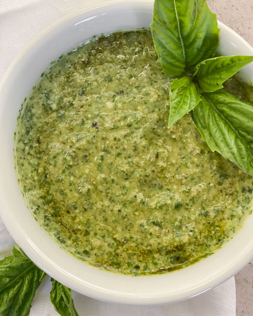 Homemade basil pesto in a bowl