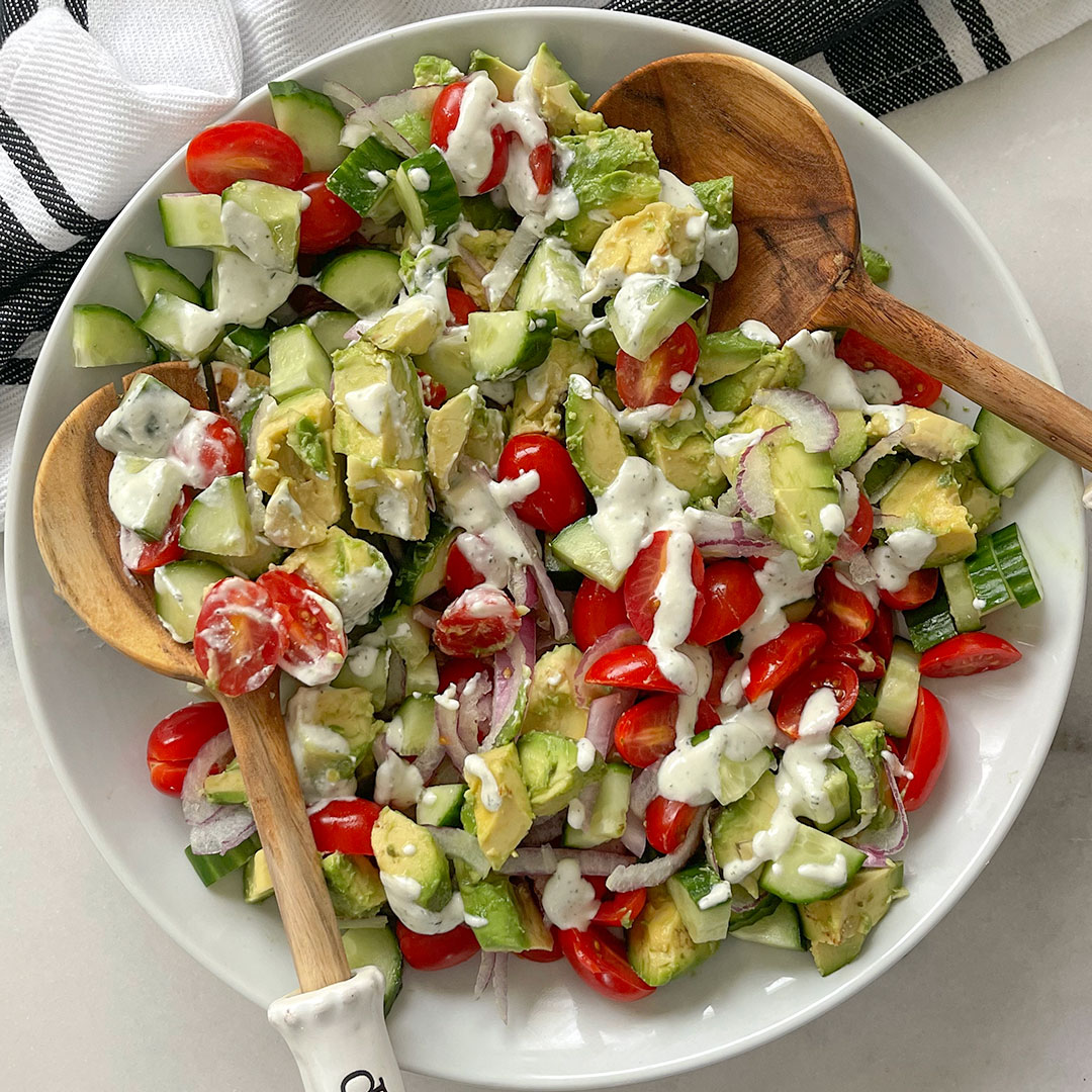 Avocado, Cucumber, Tomato Salad With A Creamy Feta Dressing