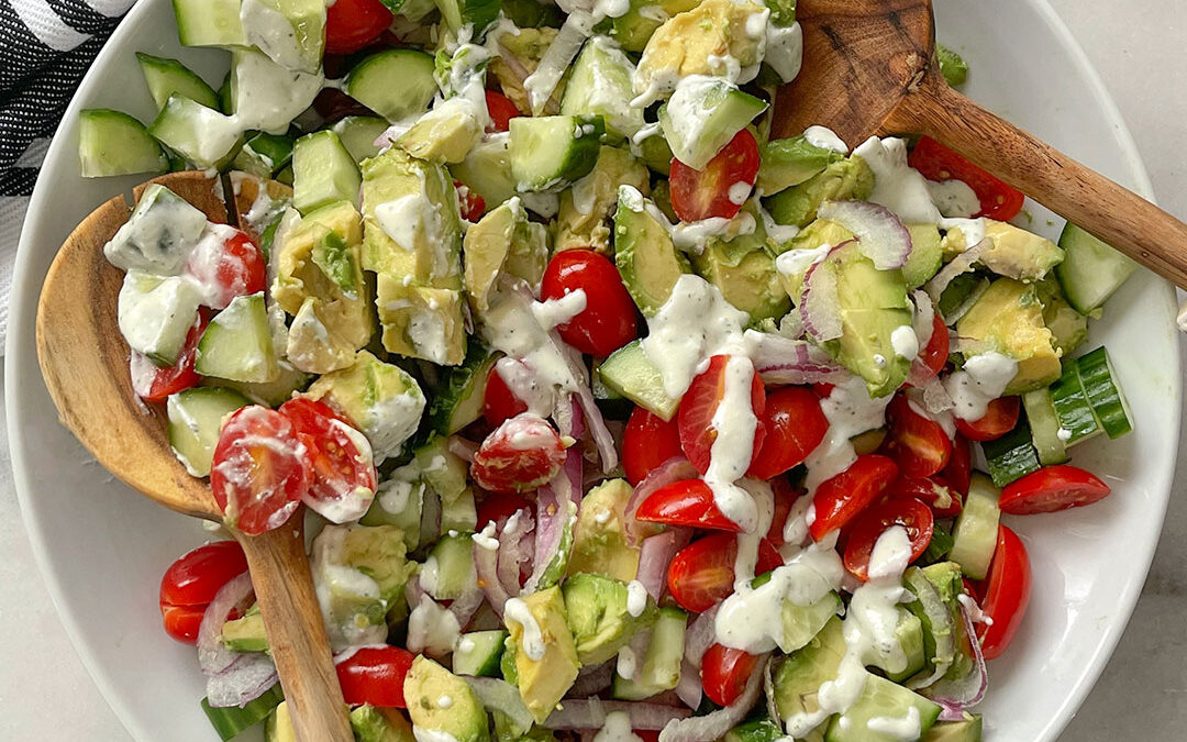 Avocado, Cucumber, Tomato Salad with a creamy feta dressing