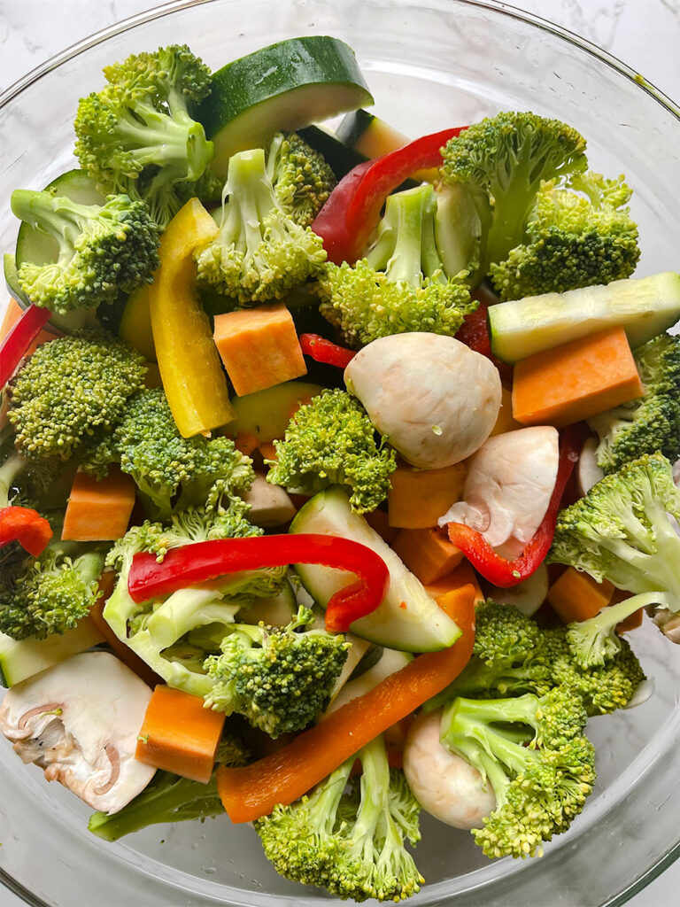 Mixed vegetables in a glass bowl